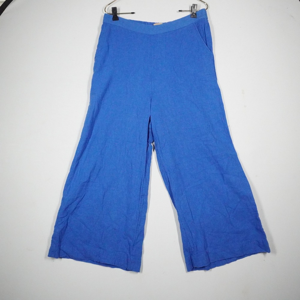 Womens Wide Leg Pants 8 Blue Linen Blend Stretch Waist Cropped Coastal Lagenlook